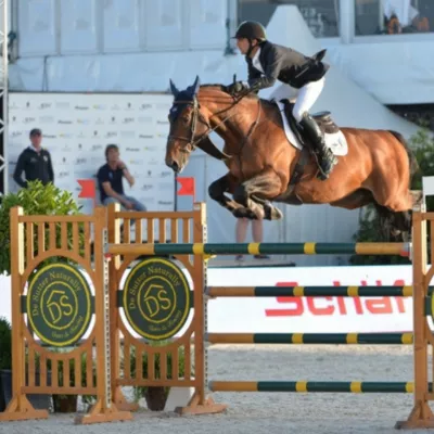 Ein Reiter und sein Pferd springen über ein Hindernis bei einem Wettbewerb