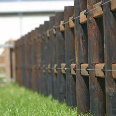 Holzzäune mit runden Pfosten, 2 Stäben und elektrischen Drähten